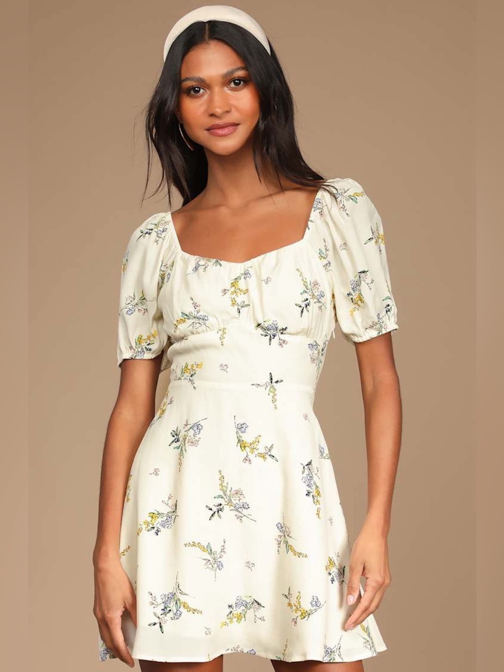Cottage Core Darling Daydreams Cream Floral Puff Sleeve A-Line Mini Dress